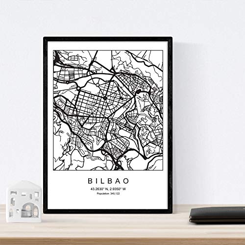 Nacnic Lámina Mapa de la Ciudad Bilbao Estilo nordico en Blanco y Negro. Poster tamaño A3 Sin Marco Impreso Papel 250 gr. Cuadros, láminas y Posters para Salon y Dormitorio