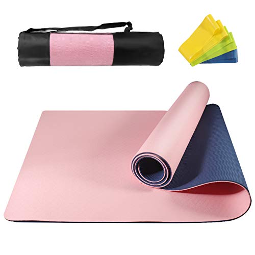 NAFFIC Esterilla Yoga, Alfombrilla de Yoga Texturizada Antideslizante 3*Banda de Resistencia,1* Correa de Transporte para Ejercicios para Yoga, Pilates y Ejercicios de Piso 183x61x0.6 cm (Rosa-Azul)