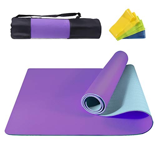 NAFFIC Esterilla Yoga, Alfombrilla de Yoga Texturizada Antideslizante 3*Banda de Resistencia,1* Correa de Transporte para Ejercicios para Yoga, Pilates y Ejercicios de Piso 183x61x0.6 cm (Morado-Azul)