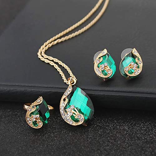 NaiCasy Austrian Crystal Water Drop de la joyería del Collar Pendiente Anillo cristalino del Pavo Real del Pendiente de los Pernos prisioneros para señoras de Las Mujeres Conjunto de 3 Verde