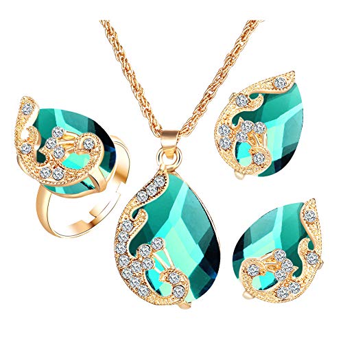 NaiCasy Austrian Crystal Water Drop de la joyería del Collar Pendiente Anillo cristalino del Pavo Real del Pendiente de los Pernos prisioneros para señoras de Las Mujeres Conjunto de 3 Verde NaiCasy Austrian Crystal Water Drop de la joyería del Collar Pendiente Anillo cristalino del Pavo Real del Pendiente de los Pernos prisioneros para señoras de Las Mujeres Conjunto de 3 Verde