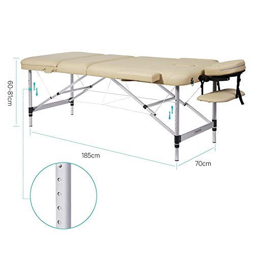 Naipo Camilla Masaje Plegable, Mesa Masaje Portatil, 3 Secciones, Altura Ajustable Patas de Aluminio, 5cm Espuma, Bolsa de Transporte, Beige (pesa 14.5 kg carga hasta 270kg)