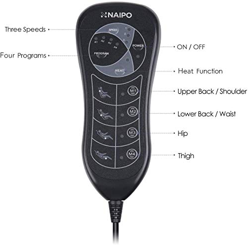 Naipo Respaldo de Masaje Cojín Asiento Masajeador Portátil para Toda la Espalda y Cuello con 8 Motores de Vibración 2 Pads de Calor en Coche Casa Oficina