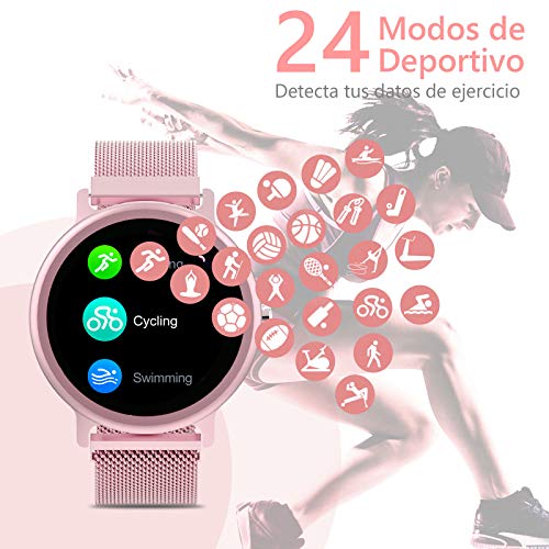 NAIXUES Smartwatch Mujer, Reloj Inteligente IP68 con 24 Modos de Deporte, Pulsómetro, Monitor de Sueño, Notificaciones Inteligentes, 1.28 Inch Pantalla Táctil Completo Smartwatch para Mujer