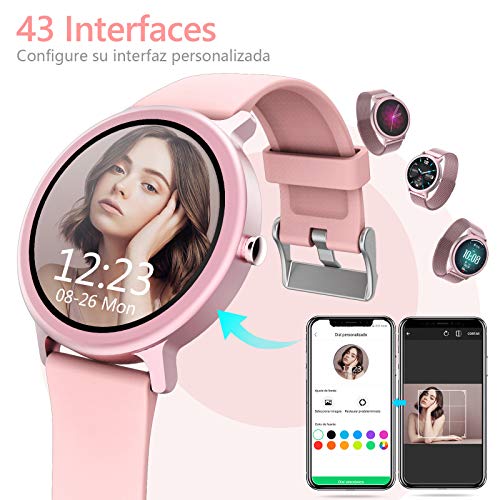 NAIXUES Smartwatch Mujer, Reloj Inteligente IP68 con 24 Modos de Deporte, Pulsómetro, Monitor de Sueño, Notificaciones Inteligentes, 1.28 Inch Pantalla Táctil Completo Smartwatch para Mujer