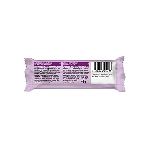 NATRULY Barritas Energéticas BIO Remolacha y Pistacho Sin Azúcar Añadido, 100% Natural y Orgánicas, Sin Gluten, Vegana -Pack 4x40g