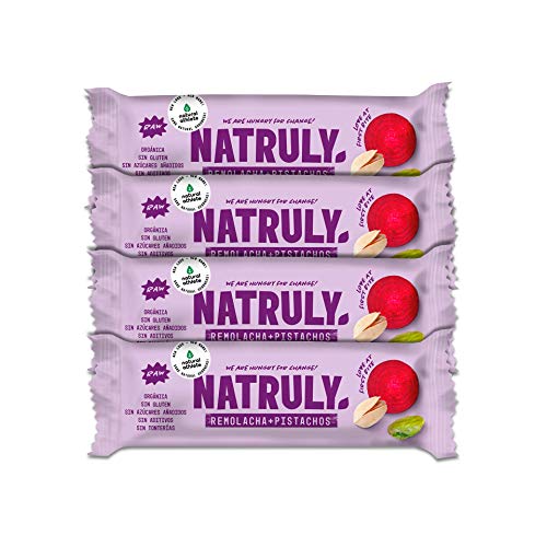 NATRULY Barritas Energéticas BIO Remolacha y Pistacho Sin Azúcar Añadido, 100% Natural y Orgánicas, Sin Gluten, Vegana -Pack 4x40g