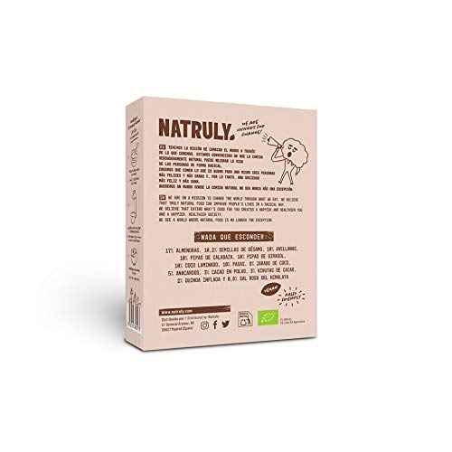 NATRULY Granola BIO de Frutos Secos y Semillas Sin Cereales, Sin Gluten y Sin Azúcar Refinado, Vegana, Sabor Cacao, Coco y Quinoa -325g