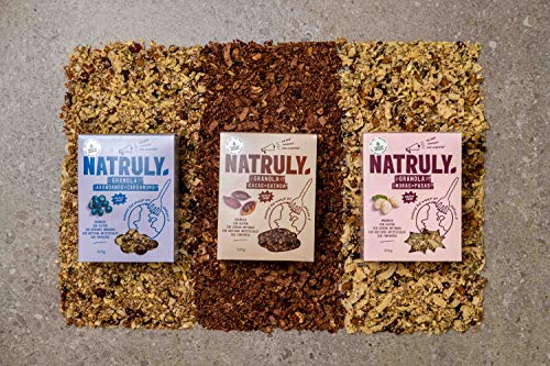 NATRULY Granola BIO de Frutos Secos y Semillas Sin Cereales, Sin Gluten y Sin Azúcar Refinado, Vegana, Sabor Cacao, Coco y Quinoa -325g