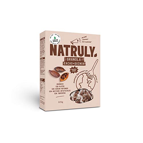 NATRULY Granola BIO de Frutos Secos y Semillas Sin Cereales, Sin Gluten y Sin Azúcar Refinado, Vegana, Sabor Cacao, Coco y Quinoa -Pack 3x325g)