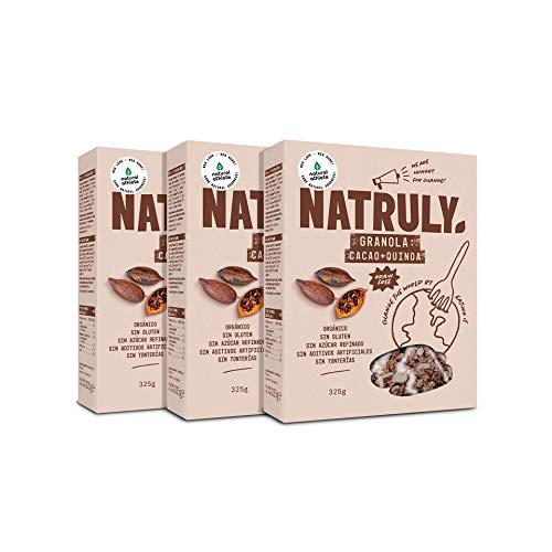 NATRULY Granola BIO de Frutos Secos y Semillas Sin Cereales, Sin Gluten y Sin Azúcar Refinado, Vegana, Sabor Cacao, Coco y Quinoa -Pack 3x325g)