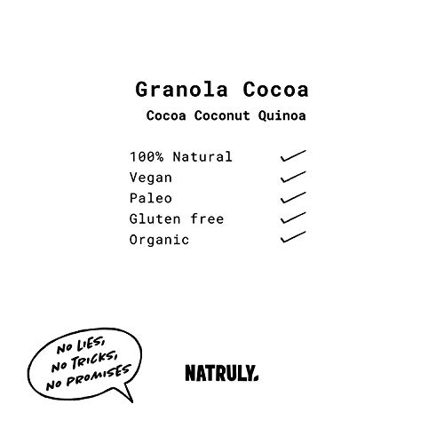 NATRULY Granola BIO de Frutos Secos y Semillas Sin Cereales, Sin Gluten y Sin Azúcar Refinado, Vegana, Sabor Cacao, Coco y Quinoa -Pack 3x325g)