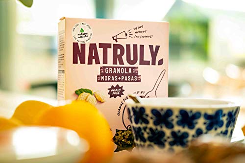 NATRULY Granola BIO de Frutos Secos y Semillas Sin Cereales, Sin Gluten y Sin Azúcar Refinado, Vegana, Sabor Moras y Pasas -Pack4x325g