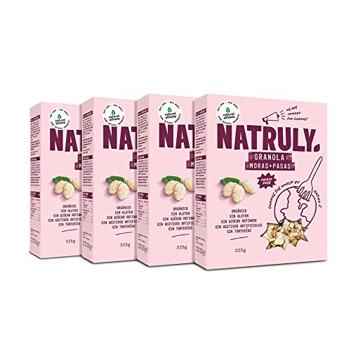 NATRULY Granola BIO de Frutos Secos y Semillas Sin Cereales, Sin Gluten y Sin Azúcar Refinado, Vegana, Sabor Moras y Pasas -Pack4x325g