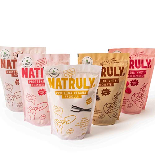 NATRULY Proteína Whey Frambuesa y Coco, 71% Proteína de Suero de Leche de Vacas de Pastoreo, Sin Azúcar Añadido, 100% Natural, Sin Gluten –350g