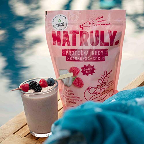 NATRULY Proteína Whey Frambuesa y Coco, 71% Proteína de Suero de Leche de Vacas de Pastoreo, Sin Azúcar Añadido, 100% Natural, Sin Gluten –350g