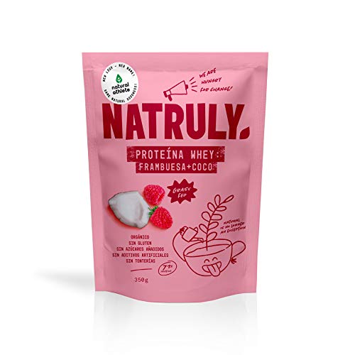NATRULY Proteína Whey Frambuesa y Coco, 71% Proteína de Suero de Leche de Vacas de Pastoreo, Sin Azúcar Añadido, 100% Natural, Sin Gluten –350g
