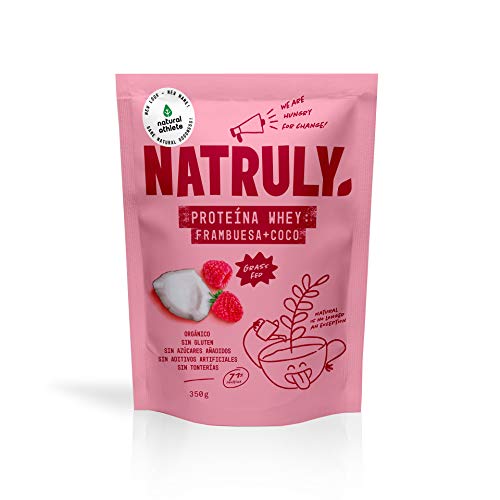 NATRULY Proteína Whey Frambuesa y Coco, 71% Proteína de Suero de Leche de Vacas de Pastoreo, Sin Azúcar Añadido, 100% Natural, Sin Gluten –350g NATRULY Proteína Whey Frambuesa y Coco, 71% Proteína de Suero de Leche de Vacas de Pastoreo, Sin Azúcar Añadido, 100% Natural, Sin Gluten –350g
