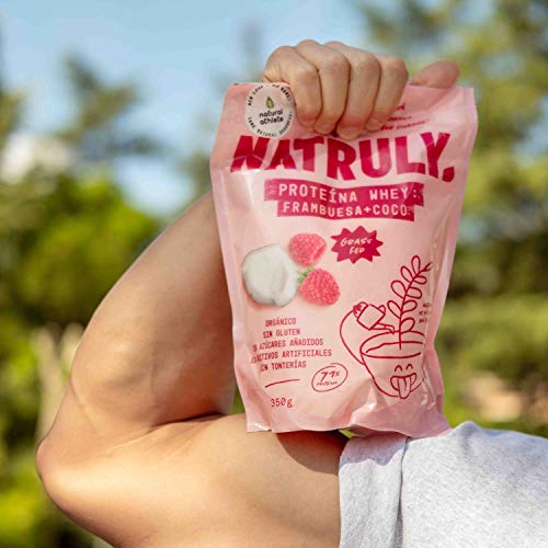 NATRULY Proteína Whey Frambuesa y Coco, 71% Proteína de Suero de Leche de Vacas de Pastoreo, Sin Azúcar Añadido, 100% Natural, Sin Gluten –350g