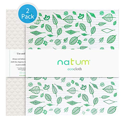 Natum ecocloth™ XL | Bayetas ecológicas antibacterianas | Paños Reutilizables de 70% Algodón 30% celulosa | Multisuperficie & Cristales - Blanco (Motivo Verde + Naranja) (2 Unidades)