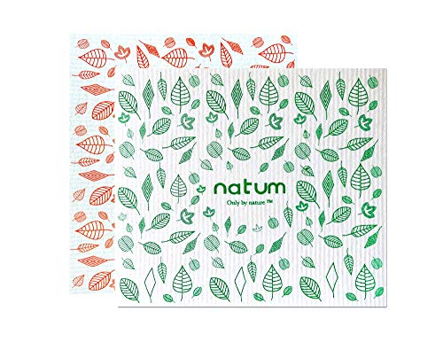 Natum ecocloth™ XL | Bayetas ecológicas antibacterianas | Paños Reutilizables de 70% Algodón 30% celulosa | Multisuperficie & Cristales - Blanco (Motivo Verde + Naranja) (2 Unidades)