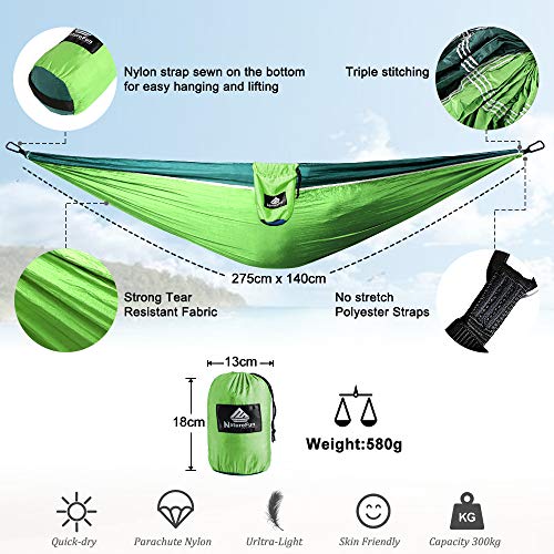 NatureFun Hamaca Ultra Ligera para Viaje y Camping | 300kg de Capacidad de Carga,Transpirable, Nylon de Paracaídas de Secado Rápido | 2 x Mosquetones Premium, 2 x Correas de Nylon Incluidas | Para Interiores y Exteriores