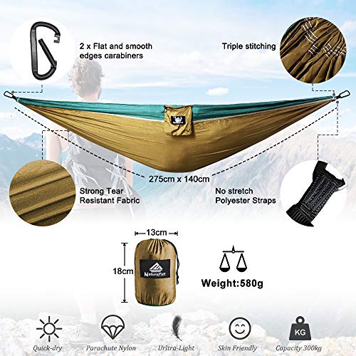 NatureFun Hamaca ultraligera para camping| 300kg de capacidad de carga, (275 x 140 cm) Estilo paracaídas de Nylon, transpirable y de secado rápido. 2 mosquetones premium, 2 eslingas de nylon incluidas NatureFun Hamaca ultraligera para camping| 300kg de capacidad de carga, (275 x 140 cm) Estilo paracaídas de Nylon, transpirable y de secado rápido. 2 mosquetones premium, 2 eslingas de nylon incluidas