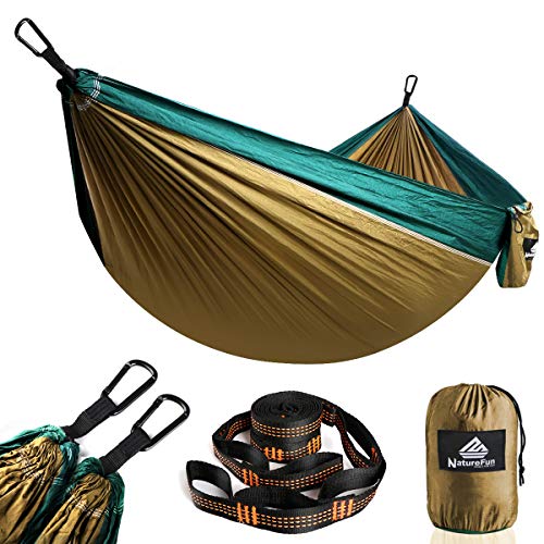 NatureFun Hamaca ultraligera para camping| 300kg de capacidad de carga, (275 x 140 cm) Estilo paracaídas de Nylon, transpirable y de secado rápido. 2 mosquetones premium, 2 eslingas de nylon incluidas NatureFun Hamaca ultraligera para camping| 300kg de capacidad de carga, (275 x 140 cm) Estilo paracaídas de Nylon, transpirable y de secado rápido. 2 mosquetones premium, 2 eslingas de nylon incluidas