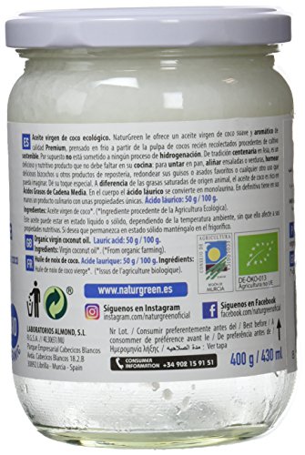 NaturGreen Aceite de coco Virgen Bio, Primera presión en frío - 400 gr. NaturGreen Aceite de coco Virgen Bio, Primera presión en frío - 400 gr.