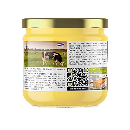 Naturseed Ghee Organico - Mantequilla Clarificada Bio Pura Ayurveda - 300gr - Sin Lactosa - Vacas alimentadas sólo de pastos ecologicos - Sabor Dulce - 250º- Recetas Gratis (300GR)