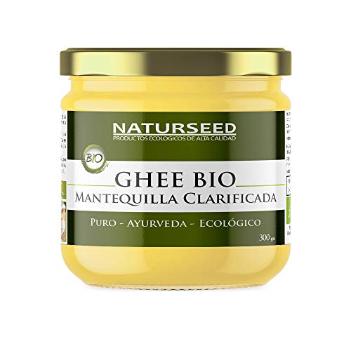 Naturseed Ghee Organico - Mantequilla Clarificada Bio Pura Ayurveda - 300gr - Sin Lactosa - Vacas alimentadas sólo de pastos ecologicos - Sabor Dulce - 250º- Recetas Gratis (300GR)