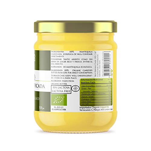 Naturseed Ghee Organico - Mantequilla Clarificada Bio Pura Ayurveda - Organic Butter Grassfed - Sin Lactosa - Vacas alimentadas sólo de pastos ecologicos - Sabor Dulce - 250º- Recetas Gratis (500GR)