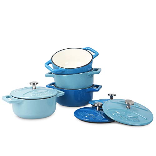 Navaris 4X Cocotte de Hierro Fundido - Mini cazuela de 10.5 CM esmaltada con Tapa - Set de cacerolas aptas para lavavajillas Horno - 290 ML - Azul