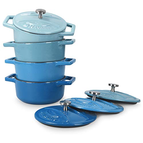 Navaris 4X Cocotte de Hierro Fundido - Mini cazuela de 10.5 CM esmaltada con Tapa - Set de cacerolas aptas para lavavajillas Horno - 290 ML - Azul