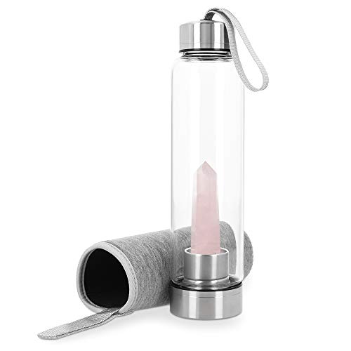 Navaris Botella de Agua con Cristal de Cuarzo - Jarra con Cuarzo Rosado Natural para energía Positiva y aliviar el estrés - Apta para lavavajillas