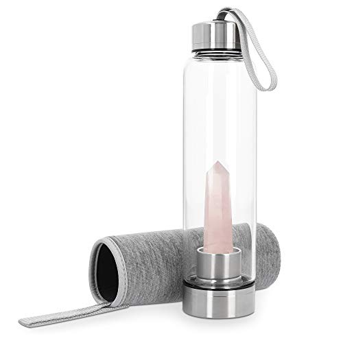 Navaris Botella de Agua con Cristal de Cuarzo - Jarra con Cuarzo Rosado Natural para energía Positiva y aliviar el estrés - Apta para lavavajillas