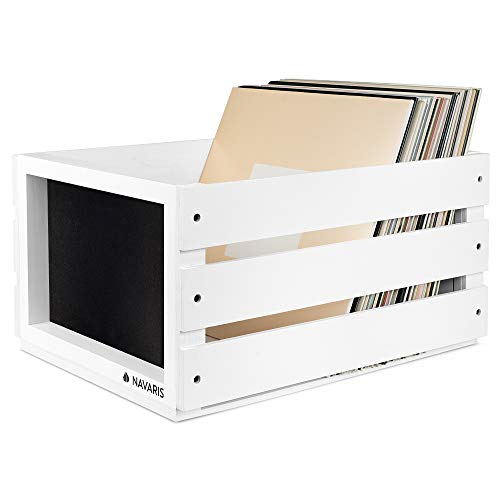 Navaris Caja para discos de vinilo - Mueble de madera porta vinilos - Estilo vintage con pizarra para anotar - Soporte con espacio para 80x disco LP