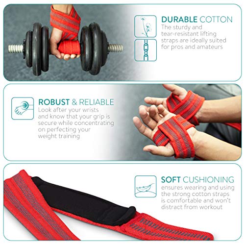 Navaris Correas para Levantamiento de Pesas - Set de 2 Straps para un Mejor Agarre en el Gimnasio - Cintas para Levantar Peso en el Gym - en Rojo Navaris Correas para Levantamiento de Pesas - Set de 2 Straps para un Mejor Agarre en el Gimnasio - Cintas para Levantar Peso en el Gym - en Rojo