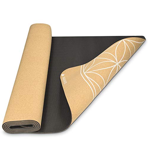 Navaris Esterilla de Yoga de Corcho Antideslizante - Alfombra para Entrenamiento de Gimnasia - Colchoneta de 183x61x0.5CM con diseño de Flor de Vida