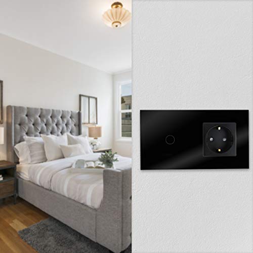 Navaris Interruptor táctil con enchufe para pared - Marco de cristal doble con enchufe e interruptor para luz con pulsador LED - Empotrable en negro