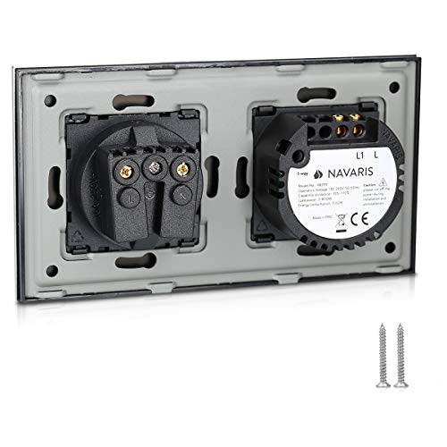 Navaris Interruptor táctil con enchufe para pared - Marco de cristal doble con enchufe e interruptor para luz con pulsador LED - Empotrable en negro Navaris Interruptor táctil con enchufe para pared - Marco de cristal doble con enchufe e interruptor para luz con pulsador LED - Empotrable en negro