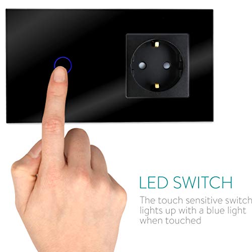 Navaris Interruptor táctil con enchufe para pared - Marco de cristal doble con enchufe e interruptor para luz con pulsador LED - Empotrable en negro Navaris Interruptor táctil con enchufe para pared - Marco de cristal doble con enchufe e interruptor para luz con pulsador LED - Empotrable en negro