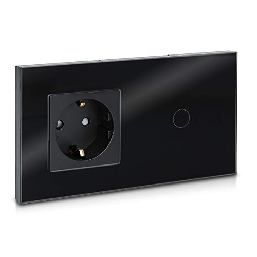 Navaris Interruptor táctil con enchufe para pared - Marco de cristal doble con enchufe e interruptor para luz con pulsador LED - Empotrable en negro