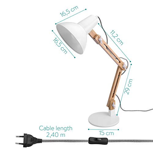 Navaris Lámpara de escritorio de madera vintage - Flexo retro para sobremesa - Lámpara de mesa con diseño nórdico con portalámparas E27 - Blanco