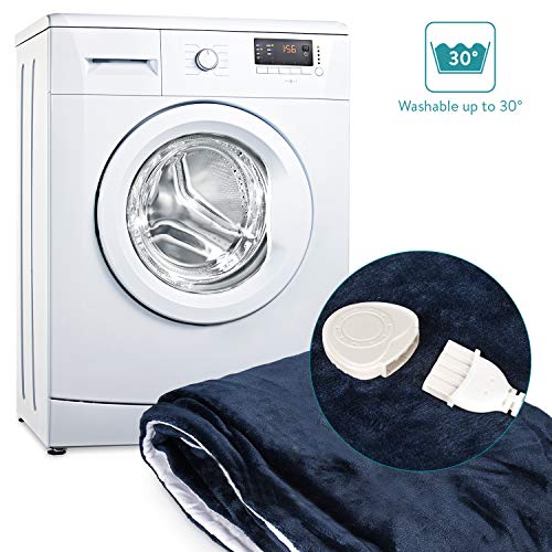 Navaris Manta eléctrica con termostato - Colcha XXL lavable 180 x 130 CM - Manta térmica con regulador de temperatura 3 niveles - Azul oscuro blanco