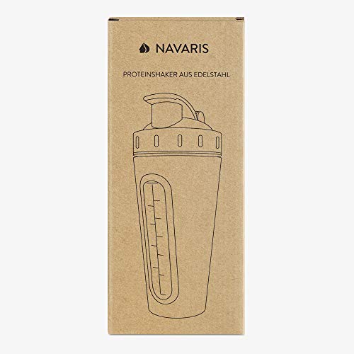 Navaris Shaker de proteína - Agitador portátil de bebidas proteínas de 1L para fitness gym entrenamiento - Batidora de acero inoxidable sin BPA