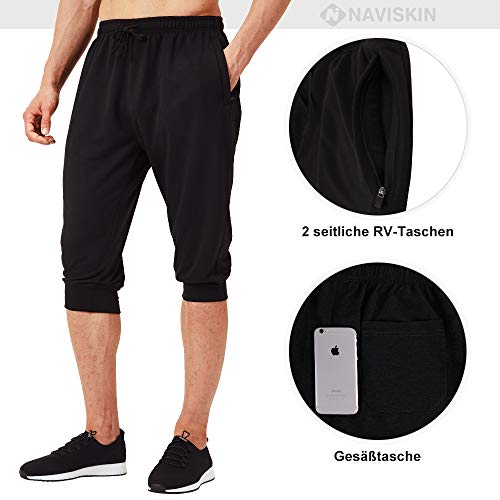 NAVISKIN 3/4 Pantalones Capri de Fitness para Hombre Pirata Pants Atléticos Deportivos Correr Térmicos Chándal Deporte Yoga Running Entrenamiento Bolsillos con Cierre Gris Claro S