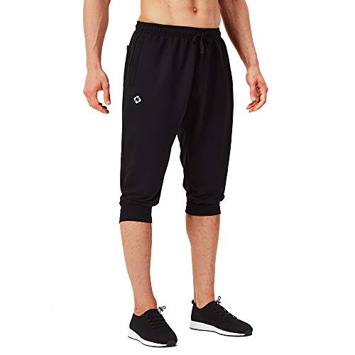 NAVISKIN 3/4 Pantalones Capri de Fitness para Hombre Pirata Pants Atléticos Deportivos Correr Térmicos Chándal Deporte Yoga Running Entrenamiento Bolsillos con Cierre (Negro, M)