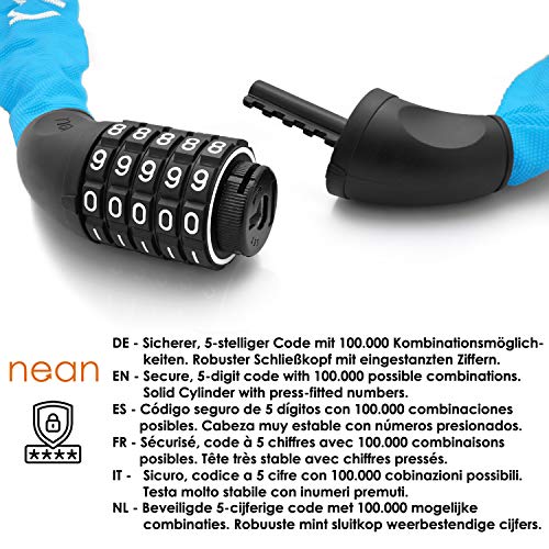 nean candado de Cadena para Bicicleta con combinación de código numérico y Alto Nivel de Seguridad, eslabones de Cadena de Acero Templado, 6 mm x 900 mm, Azul Claro