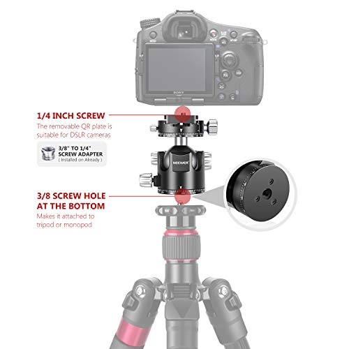 Neewer 44mm Cabezal Bola Bajo Perfil Cabezal Trípode Cámara Panorámica con Placa QR 360° y Abrazadera CNC Metal Doble Muesca en U para Cámaras DSLR Trípodes Monopie Carga 25kg Modo Vertical/Horizontal